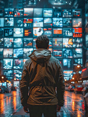 Fototapeta premium Programmer observing data breach on digital wall in rainy city