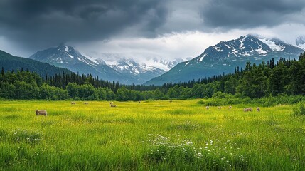 Fototapeta premium Scenic mountain meadow landscape with clouds rocky mountains nature photography outdoor setting wide angle view serenity