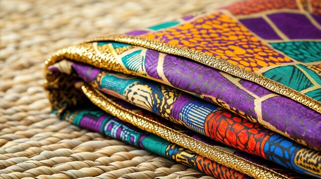 Bright African fabrics folded on woven texture