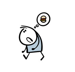 Hungry teenager is walking on the street and dreaming of a hamburger. Vector illustration of a child left without lunch. Food in the restaurant. Isolated person on white background.