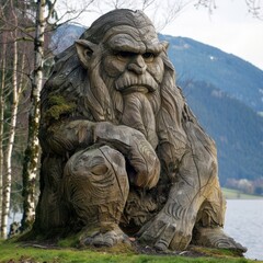 Obraz premium Norwegian troll - A large, intricately carved stone troll sits beside a body of water, surrounded by trees and mountains in the background
