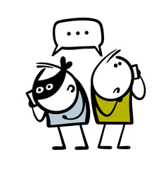 Fraudster calls victim on the phone and lures out code or password from  bank. Vector illustration of  man in a black mask having  conversation with  stickman. Thief steals money from a poor man.