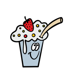 Cartoon glass with a cocktail of milk and ice cream, with cream and strawberries. Funny vector character isolated on a white background. Drink from a cafe or restaurant at a party.