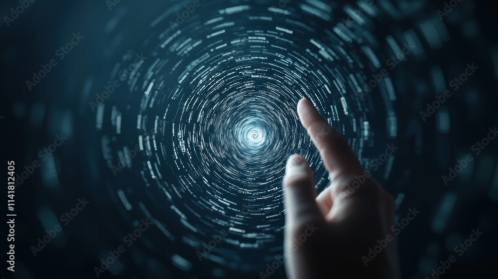 Poster a human hand reaching out to touch a swirling vortex of binary code, symbolizing the connection betw