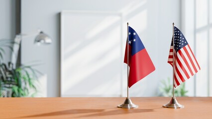 FLAGS OF SAMOA AND USA ON TABLE