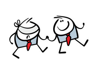 Satisfied businessman in  suit leads  partner or colleague by the hand vector illustration of the business concept of mutual assistance or deception. Blindfolded stickman does not know direction.