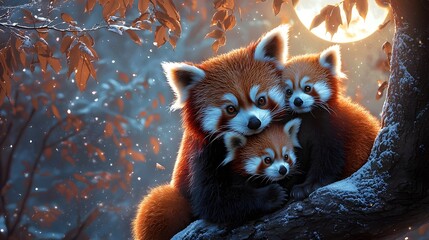 Family of Red Pandas on a Tree at Night