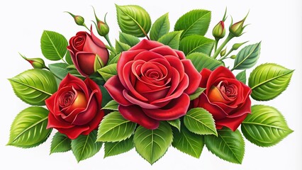 Naklejka premium Vibrant red rose buds accompanied by lush green leaves on a crisp white background, perfect for elegant floral decor, card designs, and artistic illustrations.