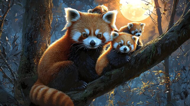 Family of Red Pandas Sitting Together on a Tree