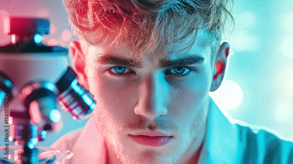 Poster a scientist wearing a lab coat peering through a microscope, their face illuminated by the soft glow