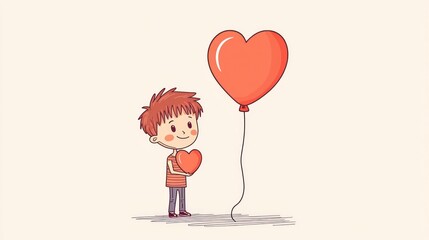 Boy with a heart-shaped balloon in hand, minimalistic design for a Valentine's vibe.