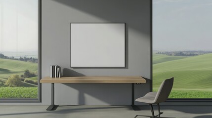 Fototapeta premium A minimalist home office with a blank poster on a soft gray wall, a sleek wooden desk, and a modern chair. Large windows open to a scene of endless green fields and gentle rolling hills.