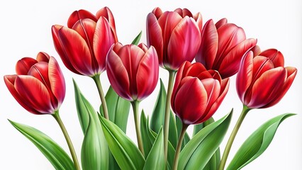 Fototapeta premium Vibrant red tulips isolated against a white background, perfect for floral-themed designs, decorations, and artistic projects. Ideal clipart for enhancing creative presentations.