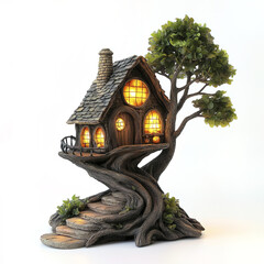 Fototapeta premium whimsical gnome house perched among lush leaves and twisted tree