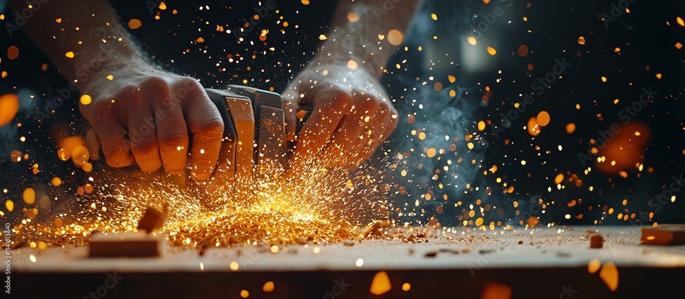 Poster hands using an electric jigsaw to craft a diy wooden project with smooth precision and speed stock p