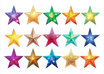 Vibrant stars gradient logo templates and icons featuring sparkling lights on a clean white background, perfect for adding a touch of brilliance to your designs.