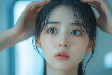 Young Asian woman looking at credit card invoice in her hands and worry about cash on bills payday, Generative AI