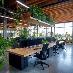 Fototapeta premium Innovative green workspace for sustainable business growth modern office environment urban setting collaborative design