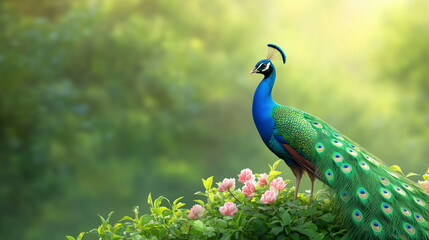 Obraz premium Majestic Chinese peacock in a beautiful flower garden