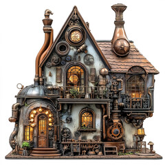 Obraz premium Steampunk fairy tale house adorned with gears and pipes, showcasing intricate design