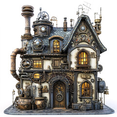 Obraz premium Steampunk fairy tale house adorned with gears and pipes, showcasing intricate design
