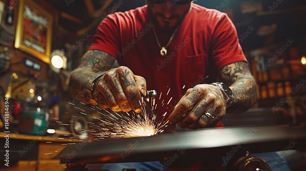 Poster person using a cordless electric grinder to polish metal components for a diy garage project stock p