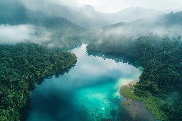 Aerial view of a blue water lake in a tropical rainforest, with a clear river and mountains in the background, under the soft light of a misty morning. 
