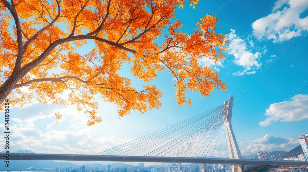 Poster a modern bridge connecting two sides of a river, symbolizing infrastructure development and improved