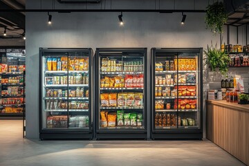 Grocery store shelves filled with organic products urban marketplace retail display modern setting eye-level view healthy eating concept