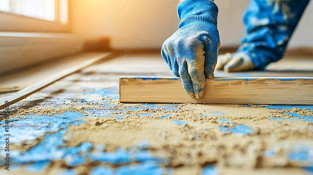 Poster professional sanding tool being used to prepare a wooden frame for home painting projects stock phot