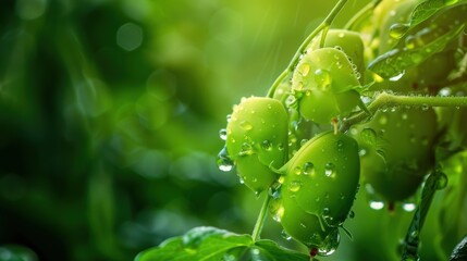 pea, a close-up of green grapes hanging on a vine. The grapes are covered in droplets of water, giving them a fresh and dewy appearance. The background is a soft blur of green