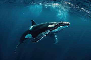 Obraz premium Fantastically beautiful majestic huge whale in deep ocean