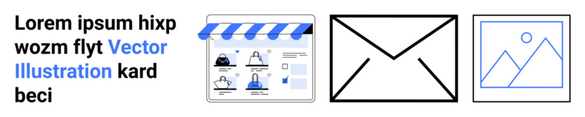 E-commerce website storefront with graphics, envelope icon for email, and image placeholder. Ideal for online shopping, digital marketing, web design, email newsletters, product display, visual