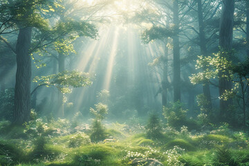 Sunbeams shining through fog in a green forest