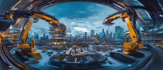 Advanced robotics and construction innovations transform urban landscapes futuristic city industrial environment aerial view