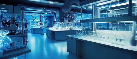 Scientific research lab modern facility interior design high-tech environment wide angle innovation and discovery
