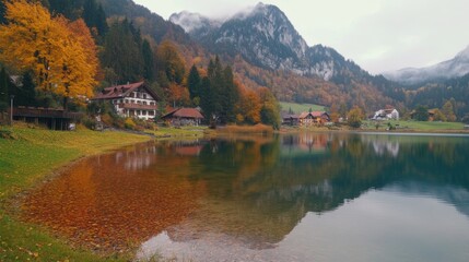Fototapeta premium Beautiful autumn scene of Hintersee lake. Colorful morning view of Bavarian Alps on the Austrian border, Germany, Europe. Beauty of nature concept background.