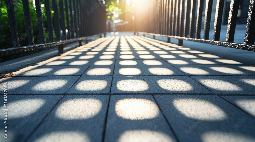 Poster a wrought iron fence with a decorative grid pattern, casting intricate shadows on the sidewalk below