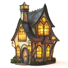 whimsical fairy tale house with glowing windows and charming details