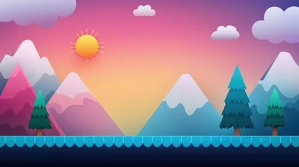 Fototapeten A colorful pixel art landscape with blocky mountains, a pixelated sun, and clouds floating across a vibrant sky, evoking the nostalgia of early video games. © MAY