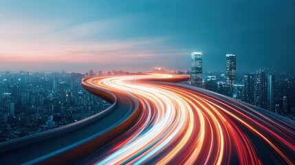 Fototapeta premium A long exposure night shot of cars speeding across a multi lane highway, their headlights and taillights creating streaks of light against the dark cityscape.