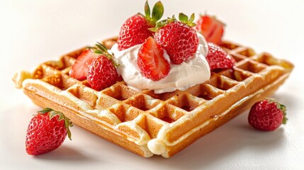 Delicious waffle topped with fresh strawberries and cream kitchen food photography bright sweet treat