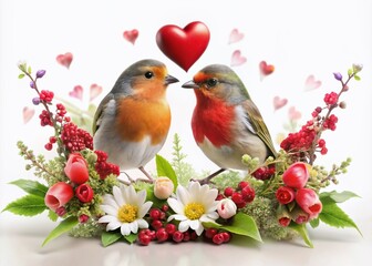 Whimsical Valentine's Day avian couples in enchanting dreamscapes, featuring isolated backgrounds that highlight love-themed scenarios and tender, heartfelt expressions between charming birds.