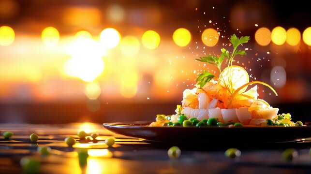 Gourmet sushi creation upscale restaurant food photography warm ambiance close-up view culinary artistry for food lovers