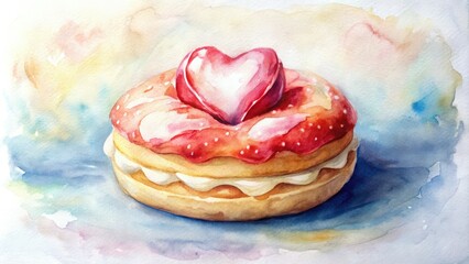 Whimsical watercolor illustration of a strawberry Boston cream donut topped with heart-shaped white chocolate icing, perfect for bakery designs, dessert menus, and food art projects.