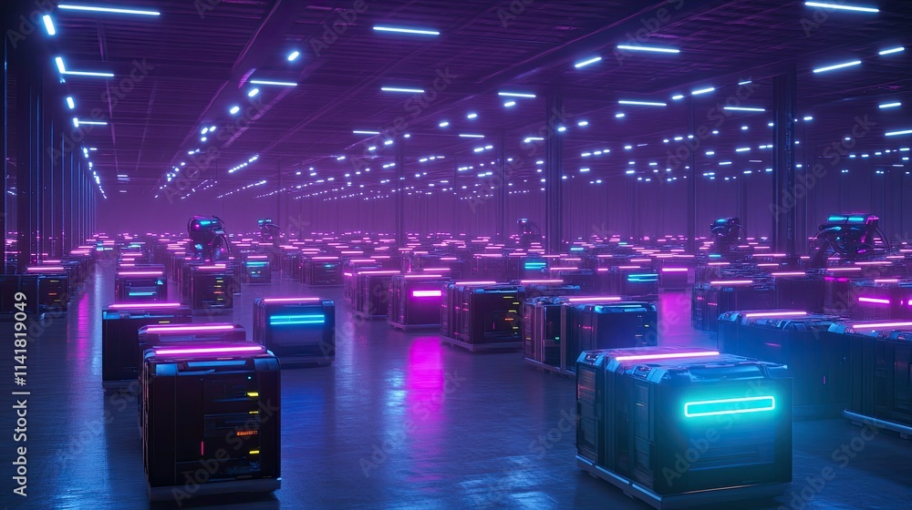 Poster ai-driven logistics hub with automated packaging robots working systematically under soft lighting