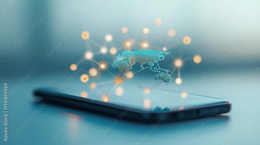 Poster a smartphone displaying a global map with interconnected nodes, symbolizing the interconnectedness o