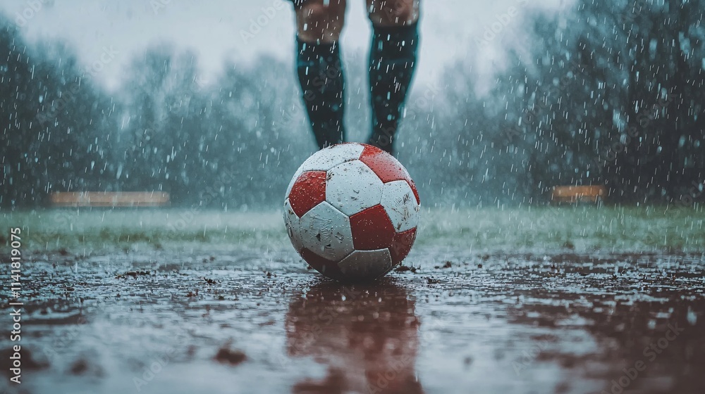 Poster close-up of a football player training alone under the rain symbolizing hard work and resilience sto