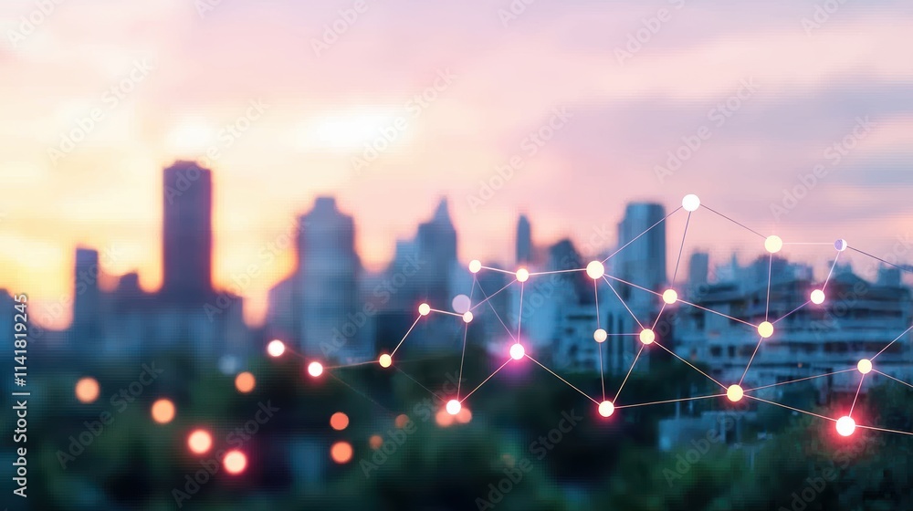 Poster a cityscape overlaid with a network of interconnected lines and data points, representing the integr