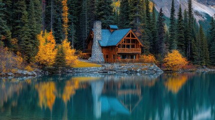 Secluded lakeside cabin nestled in an autumnal forest, reflecting in tranquil water.
